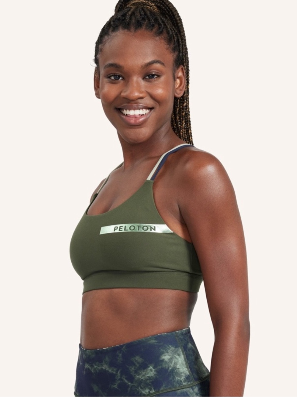 Peloton Cadent Sports Bra in Olive Green with Contrast Straps
